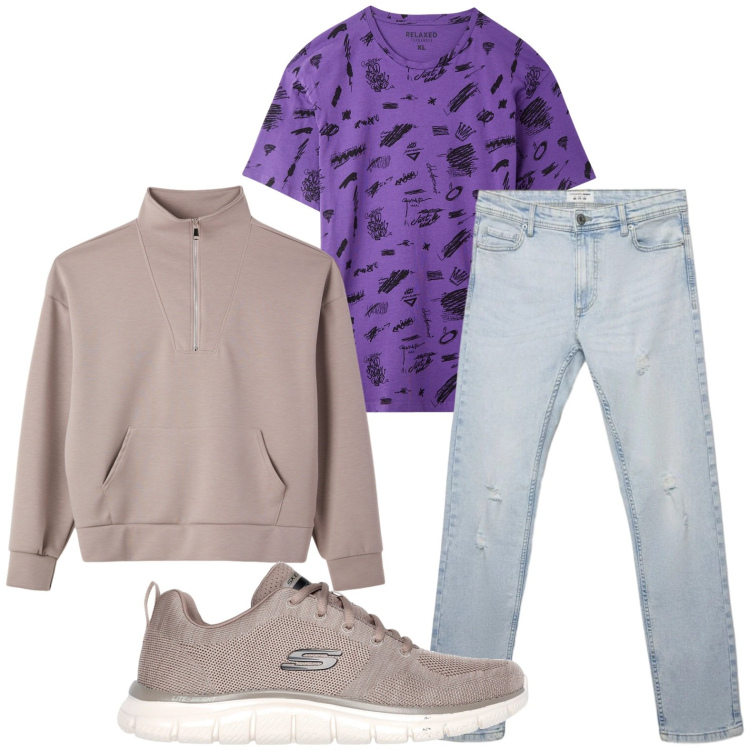 Outfit uomo - T-shirt vivace. Stile Casual per Tutti i giorni. Abbinamento con t-shirt, jeans strappati, felpe, sneakers.