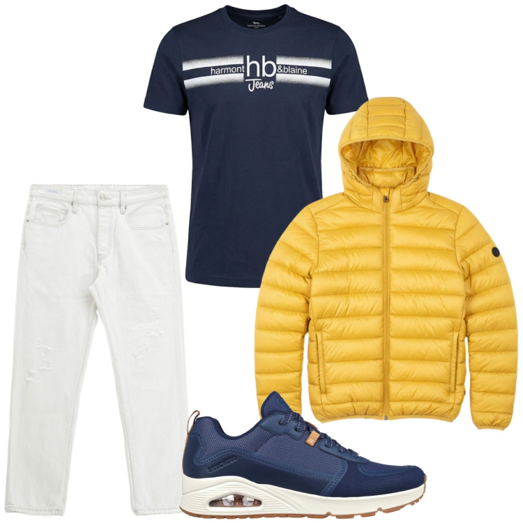 Outfit uomo - Sportivo glam. Stile Casual per Tutti i giorni. Abbinamento con jeans dritti, t-shirt, bomber, sneakers.