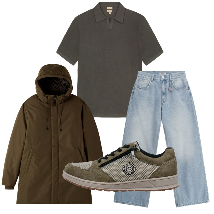 Outfit uomo - Giornata fredda. Stile Trendy per Tutti i giorni. Abbinamento con parka, jeans, polo, sneakers.