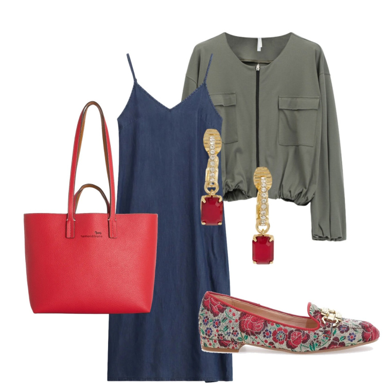 Outfit donna - Total look #2395594. Stile Casual chic per Serata fuori. Abbinamento con bomber, shopping bag, vestiti midi/longuette, orecchini, mocassini.