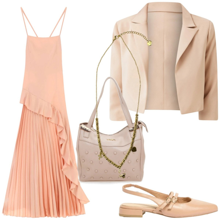 Outfit donna - Color pesca. Stile Chic per Cerimonia. Abbinamento con ballerine, blazer, vestiti lunghi, ciondoli, shopping bag.