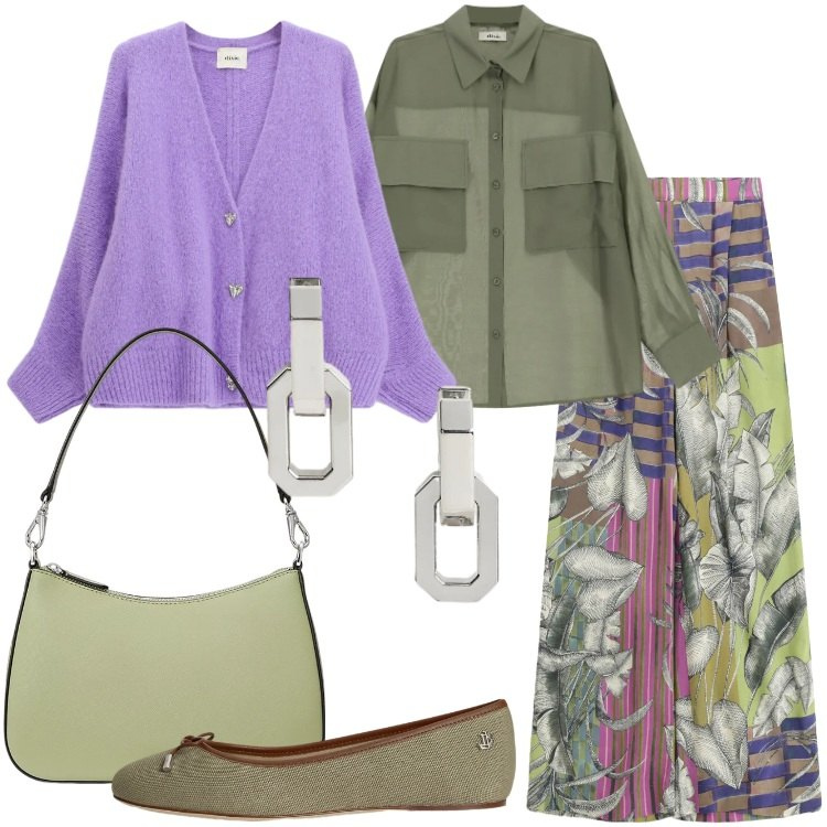 Outfit donna - Silhouette fluide e leggere. Stile Urban per Ufficio. Abbinamento con pantaloni a palazzo, cardigans, camicie, borse a spalla, ballerine, orecchini.