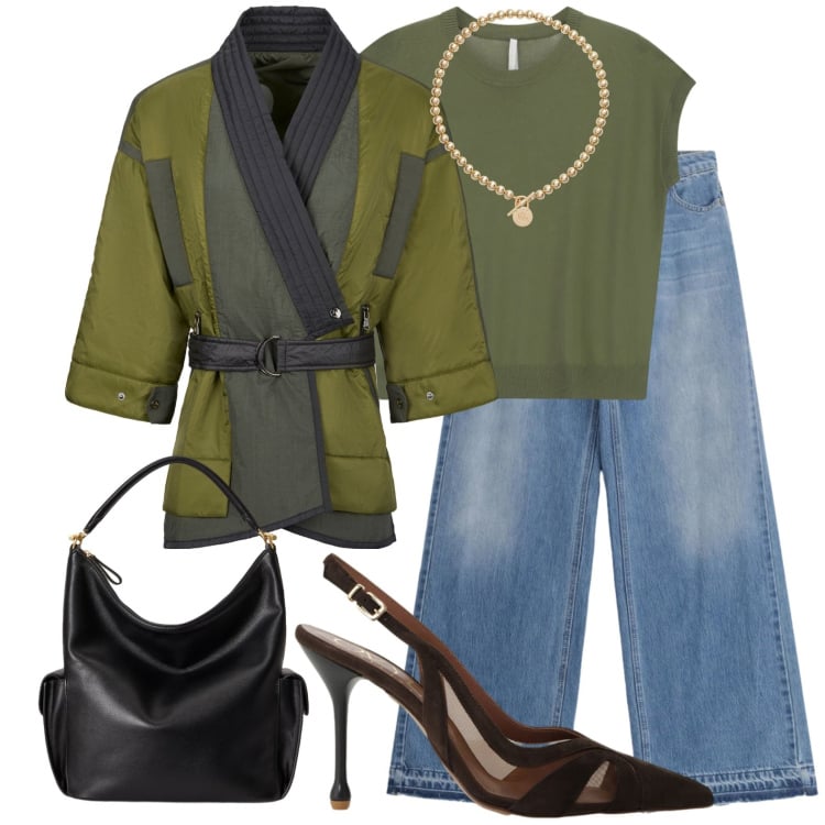 Outfit donna - Maggio ventoso. Stile Glamour per Tutti i giorni. Abbinamento con jeans, canottiere, décolleté, kimono, collane, borse a spalla.