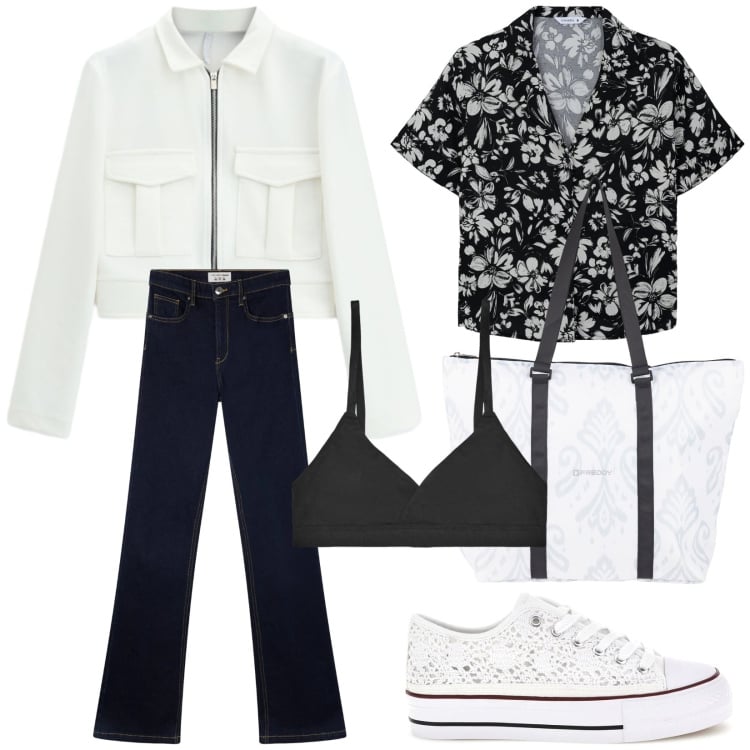 Outfit donna - Total look #2395604. Stile Casual per Tutti i giorni. Abbinamento con camicie a manica corta, jeans a zampa, reggiseni, cappotti, shopping bag, sneakers.