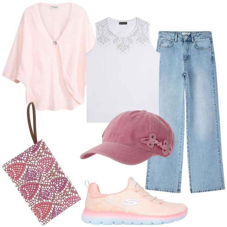 Outfit donna - Weekend. Stile Urban per Tutti i giorni. Abbinamento con cardigans, jeans dritti, cappelli, top, sneakers, pochette.