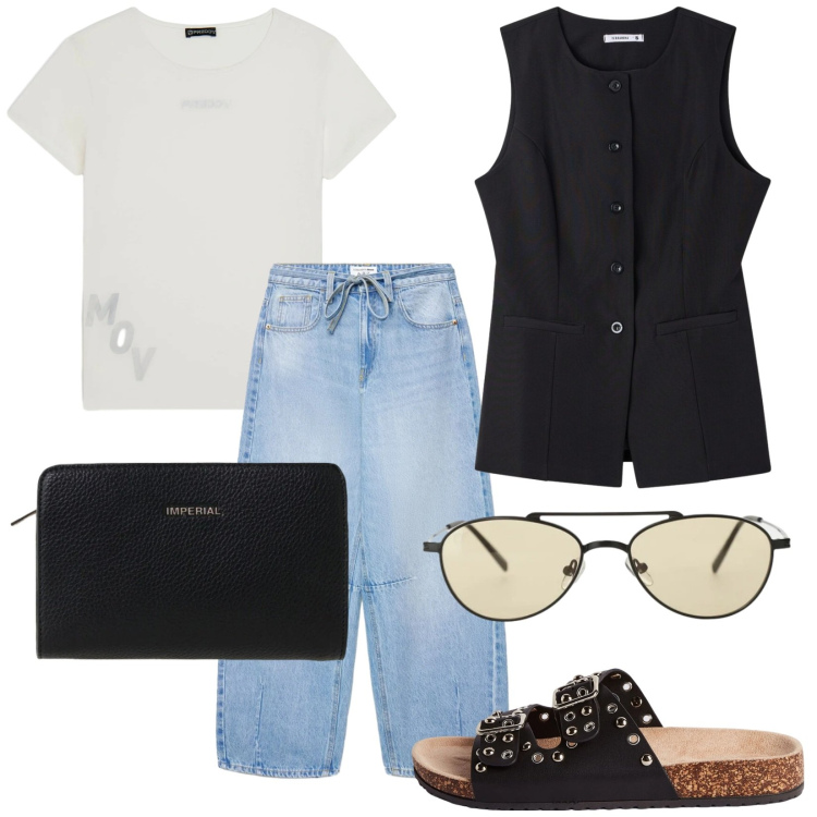 Outfit donna - Fuori porta. Stile Casual chic per Tutti i giorni. Abbinamento con gilet, ciabatte, jeans, occhiali da sole, borse a tracolla, t-shirt.
