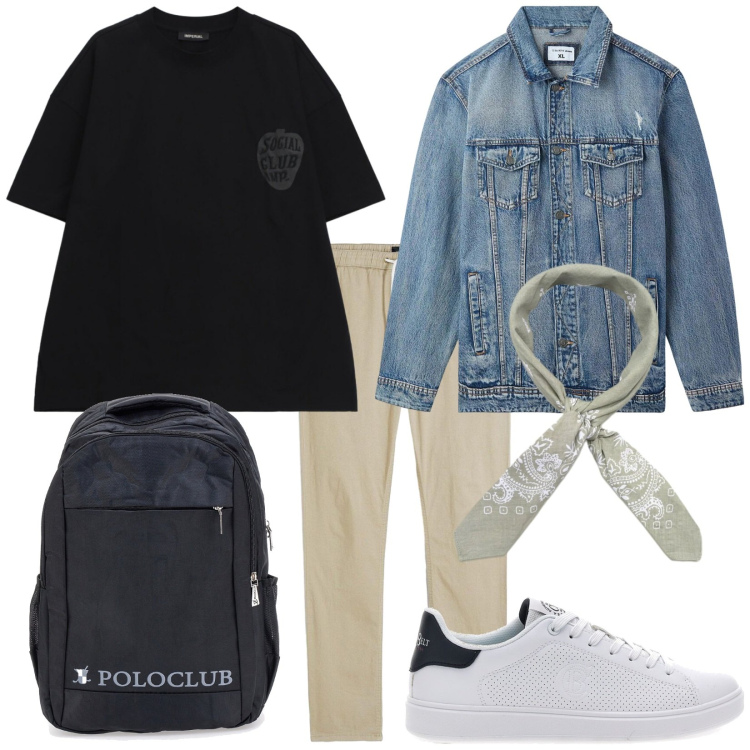 Outfit uomo - Un viaggio breve. Stile Casual per Tutti i giorni. Abbinamento con pantaloni, giacche, t-shirt, sneakers, borse sportive, sciarpe e foulard.