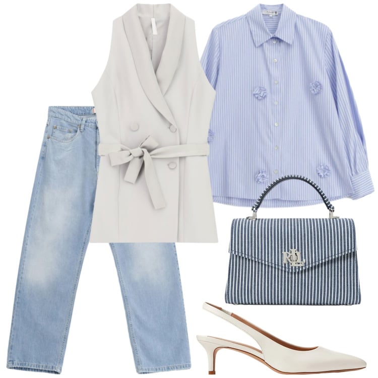 Outfit donna - Il denim si veste a festa. Stile Bon Ton per Ufficio. Abbinamento con camicie, jeans, gilet, borse a mano, décolleté.