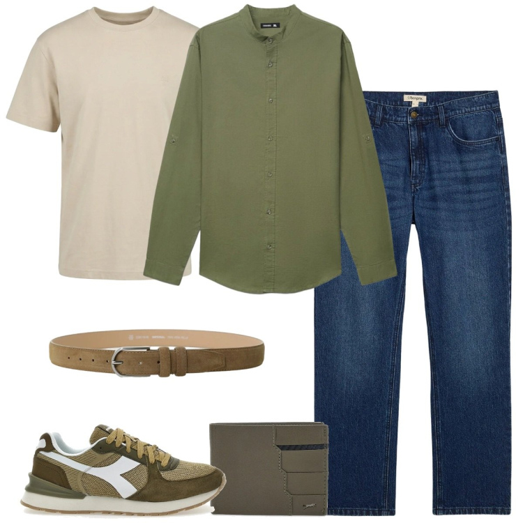 Outfit uomo - Camicia in lino. Stile Casual per Tutti i giorni. Abbinamento con jeans dritti, camicie, cinture, t-shirt, portafogli, sneakers.