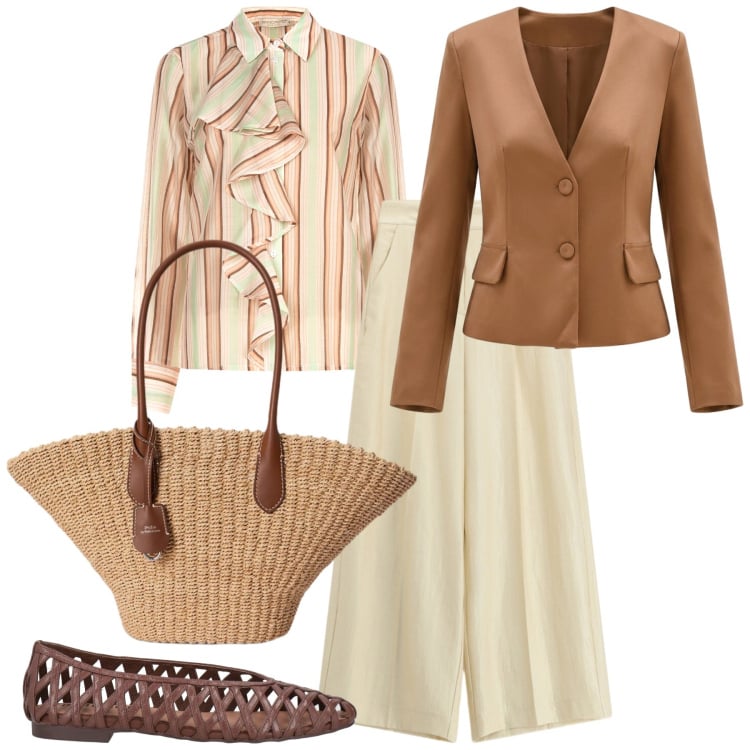 Outfit donna - Evviva la primavera. Stile Bon Ton per Ufficio. Abbinamento con ballerine, camicie, blazer, pantaloni a palazzo, borse tote.