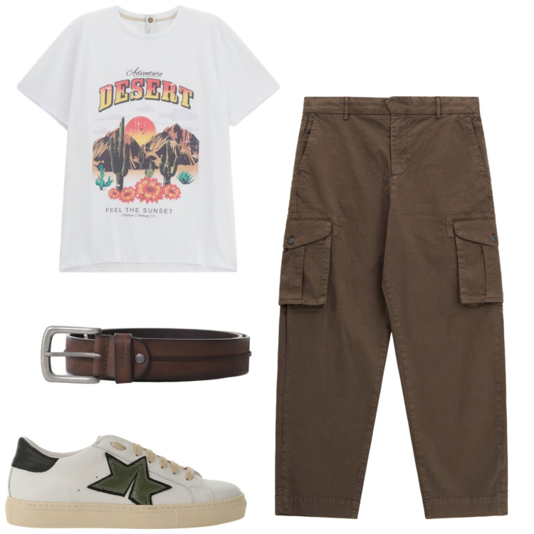 Outfit uomo - Imperial summer. Stile Casual per Tutti i giorni. Abbinamento con pantaloni cargo, t-shirt, sneakers, cinture.