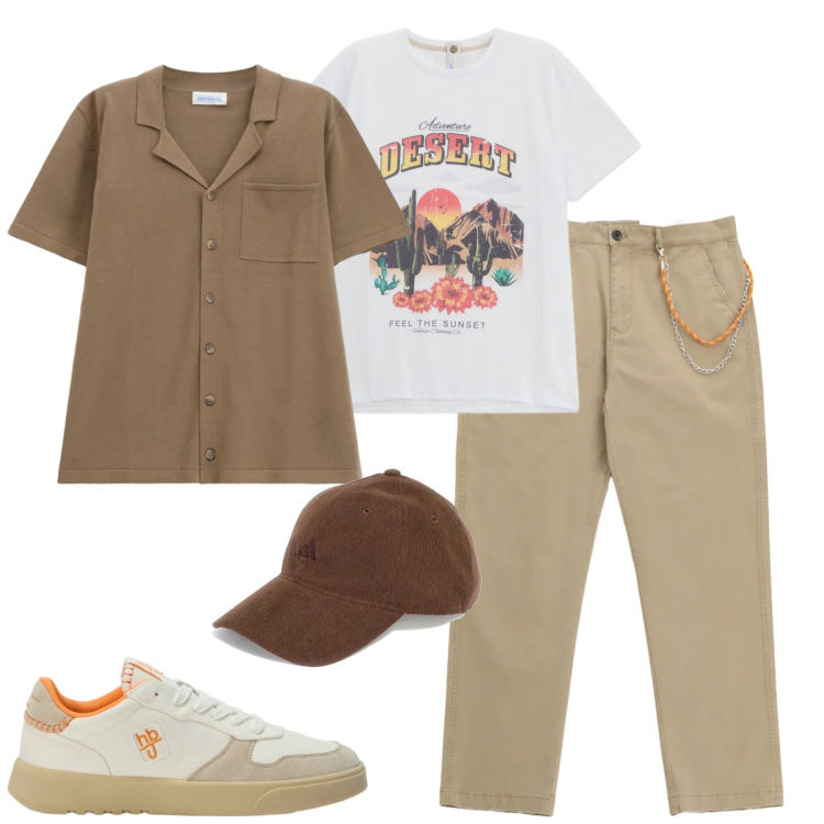Outfit uomo - Imperial Summer. Stile Casual per Tutti i giorni. Abbinamento con pantaloni, t-shirt, camicie a manica corta, sneakers, cappelli con visiera.