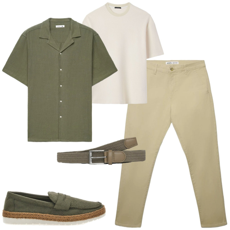 Outfit uomo - Maggio. Stile Urban per Tutti i giorni. Abbinamento con camicie a manica corta, cinture, pantaloni chino, t-shirt, scarpe stringate.