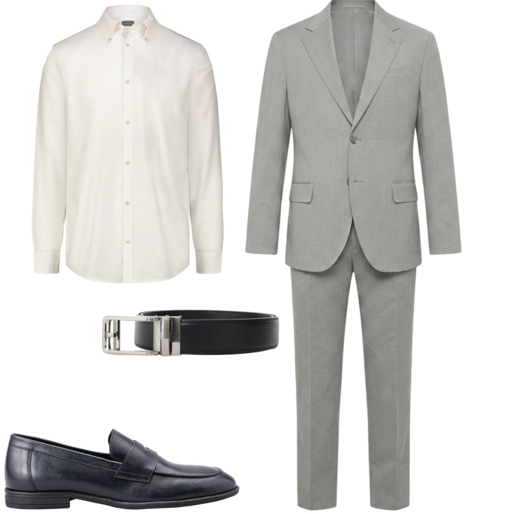 Outfit uomo - Abito grigio. Stile Business/Elegante per Tutti i giorni. Abbinamento con cinture, camicie, scarpe stringate, abiti.