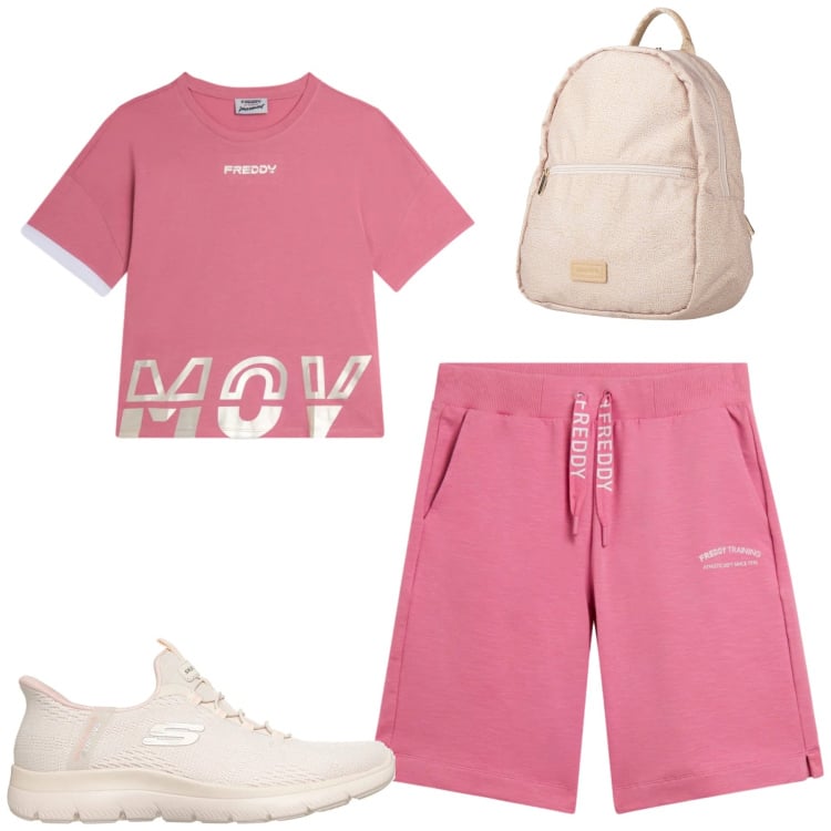 Outfit donna - Freddy. Stile Casual per Sport. Abbinamento con zaini, t-shirt, pantaloni corti, sneakers.