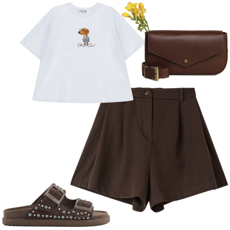 Outfit donna - Summer. Stile Casual per Tutti i giorni. Abbinamento con shorts, t-shirt, borse a tracolla, sandali in pelle.
