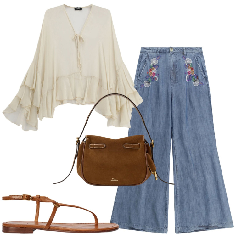Outfit donna - Dixie. Stile Casual per Tutti i giorni. Abbinamento con pantaloni a palazzo, bluse, sandali in pelle, borse a mano.