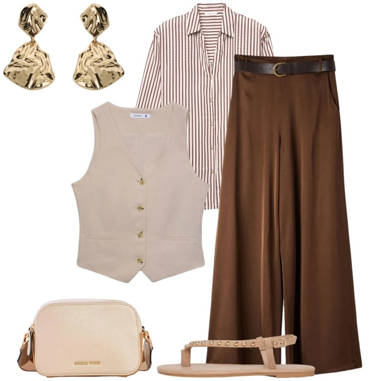 Outfit donna - Total look #2395629. Stile Casual chic per Tutti i giorni. Abbinamento con borse a tracolla, pantaloni, camicie, gilet, ciabatte, orecchini.