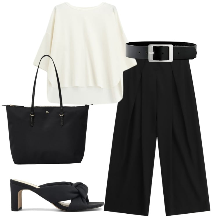 Outfit donna - Total look #2395630. Stile Casual chic per Tutti i giorni. Abbinamento con cinture, bluse, pantaloni a palazzo, borse tote, sandali col tacco.