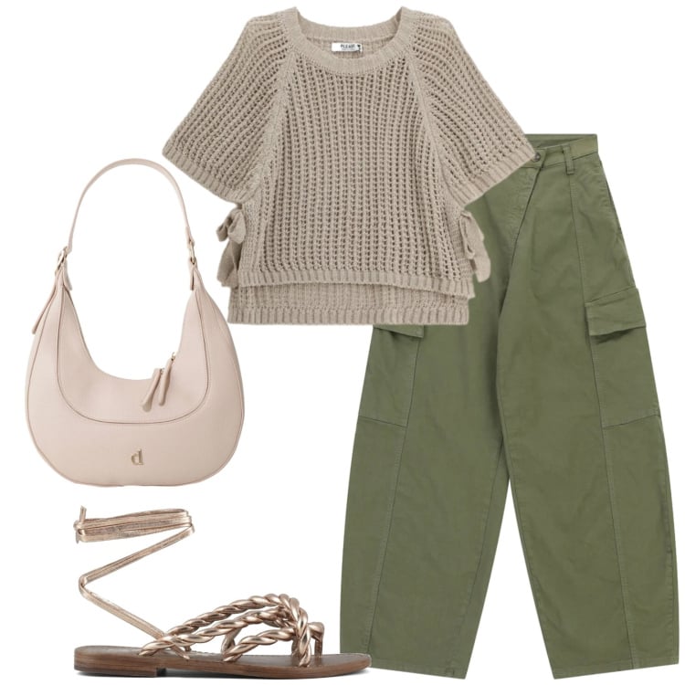 Outfit donna - Total look #2395631. Stile Casual per Tutti i giorni. Abbinamento con pantaloni cargo, top, borse a tracolla, sandali in pelle.