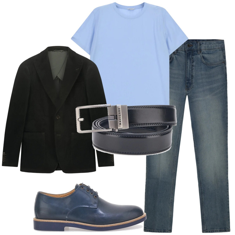 Outfit uomo - Total look #2395632. Stile Trendy per Serata speciale. Abbinamento con t-shirt, giacche, jeans, scarpe stringate, cinture.