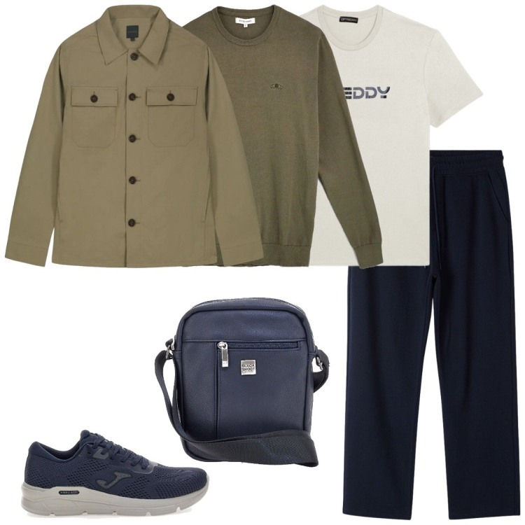 Outfit uomo - Look da viaggio breve. Stile Urban per Tutti i giorni. Abbinamento con pantaloni, t-shirt, cappotti, borse sportive, pullovers, sneakers.