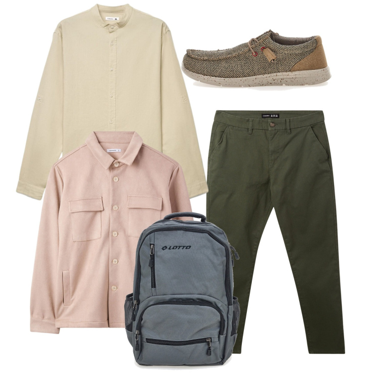 Outfit uomo - Look da viaggio breve. Stile Casual per Tutti i giorni. Abbinamento con cappotti, camicie, pantaloni chino, zaini, scarpe stringate.