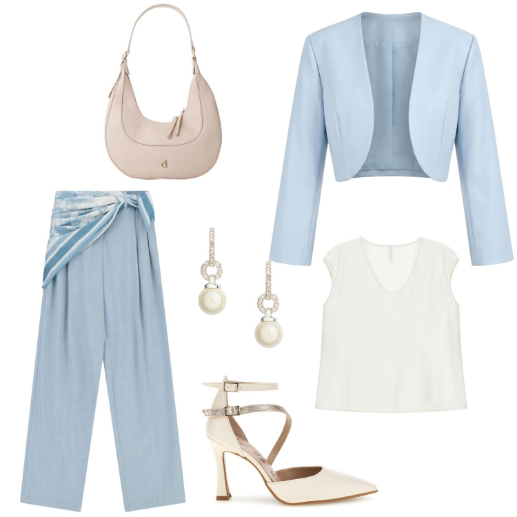 Outfit donna - Pomeriggio azzurro. Stile Bon Ton per Cerimonia. Abbinamento con top, pantaloni a palazzo, bolero, borse a tracolla, orecchini, décolleté.