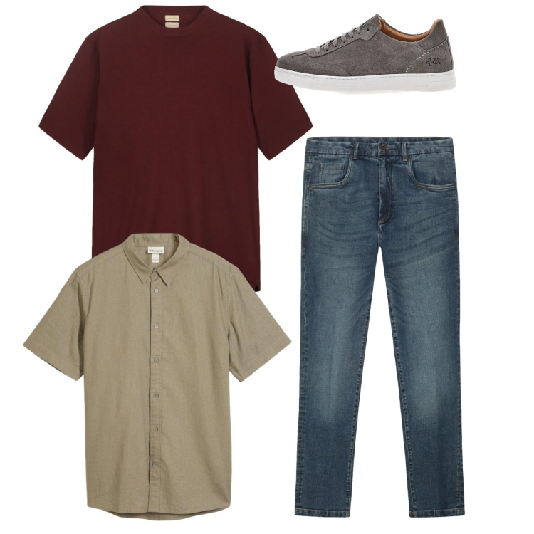 Outfit uomo - Total look. Stile Casual per Tutti i giorni. Abbinamento con camicie a manica corta, jeans, t-shirt, sneakers.