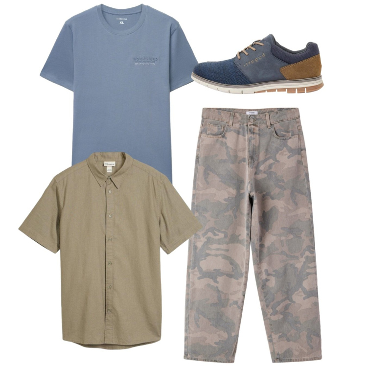 Outfit uomo - Camouflage mood. Stile Casual per Tutti i giorni. Abbinamento con scarpe stringate, camicie a manica corta, t-shirt, pantaloni.