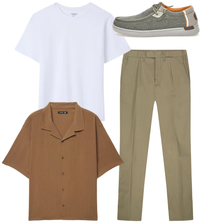 Outfit uomo - Coordinato marrone. Stile Casual per Tutti i giorni. Abbinamento con t-shirt, camicie a manica corta, pantaloni, scarpe stringate.