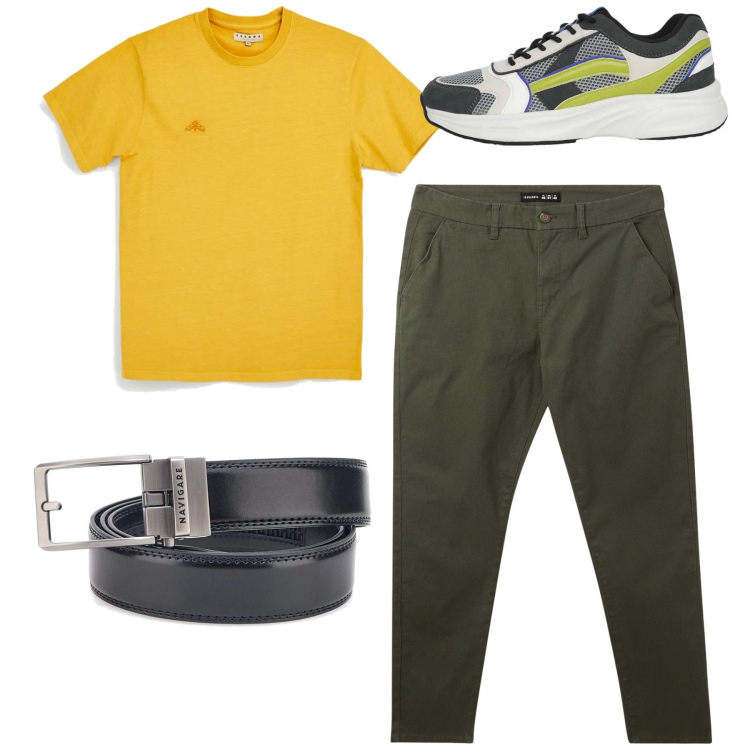 Outfit uomo - Total look. Stile Casual per Tutti i giorni. Abbinamento con sneakers, pantaloni chino, cinture, t-shirt.