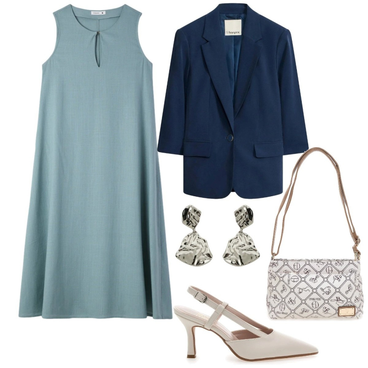 Outfit donna - Silhouette fluide e leggere - Curvy. Stile Chic per Cerimonia. Abbinamento con blazer, vestiti lunghi, orecchini, décolleté, borse a tracolla.