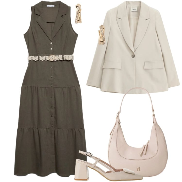 Outfit donna - Punto vita protagonista - curvy. Stile Casual chic per Ufficio. Abbinamento con vestiti chemisier, décolleté, blazer, borse a tracolla, orecchini.