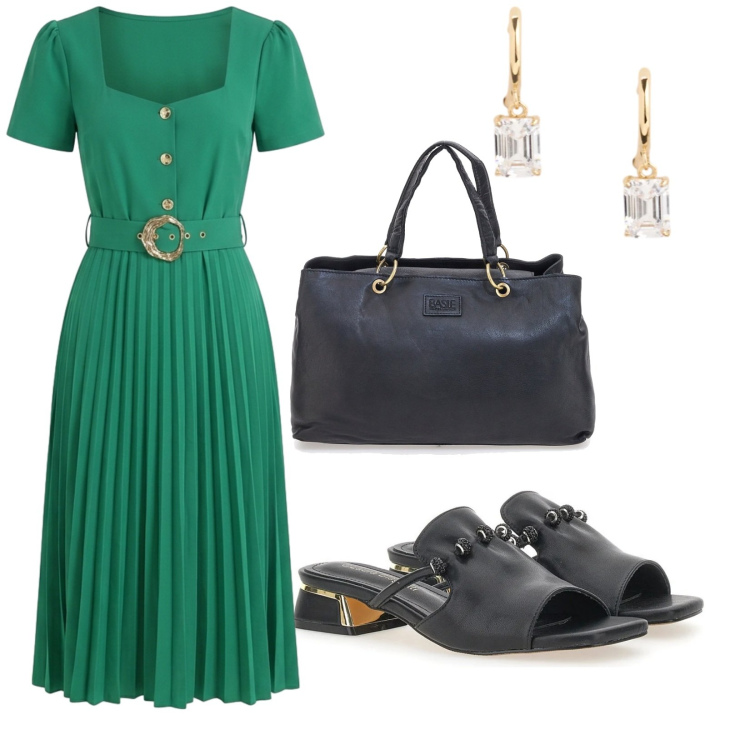 Outfit donna - Semplicemente estate. per Tutti i giorni. Abbinamento con vestiti midi/longuette, orecchini, ciabatte, borse a mano.