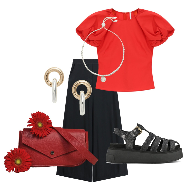 Outfit donna - Total look #2395674. Stile Sporty chic per Serata fuori. Abbinamento con bluse, borse a tracolla, pantaloni a palazzo, orecchini, braccialetti, sandali.