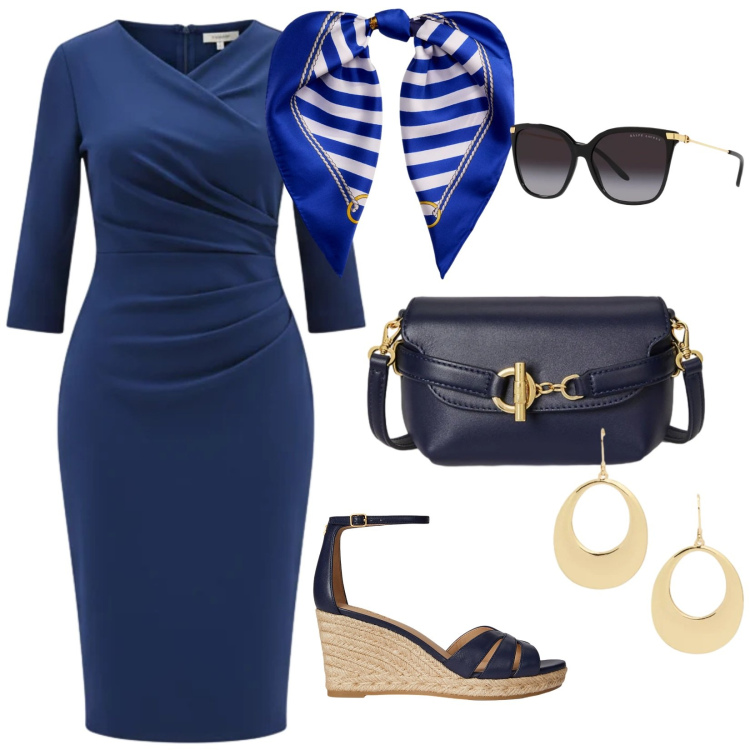 Outfit donna - Sciolta e dinvolta. per Tutti i giorni. Abbinamento con vestiti midi/longuette, borse a tracolla, foulard, zeppe, occhiali da sole, orecchini.