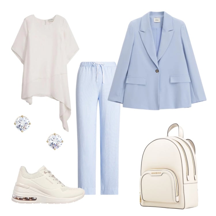 Outfit donna - Total look #2395677. Stile Casual chic per Ufficio. Abbinamento con zaini, bluse, blazer, pantaloni, orecchini, sneakers.