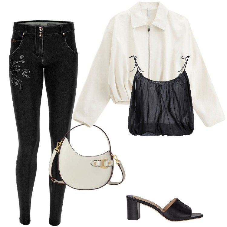 Outfit donna - Total look #2395681. Stile Boho per Tutti i giorni. Abbinamento con top, bomber, jeans skinny, borse a tracolla, sandali in pelle.
