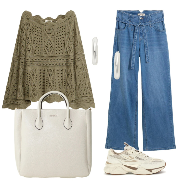 Outfit donna - Total look #2395683. Stile Casual chic per Ufficio. Abbinamento con maglieria, jeans, borse a tracolla, orecchini, sneakers.