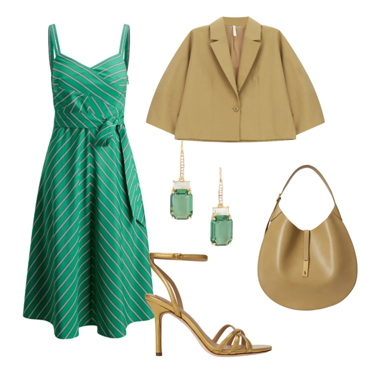 Outfit donna - Total look #2395687. Stile Chic per Cerimonia. Abbinamento con blazer, vestiti, borse a spalla, sandali in pelle, orecchini.