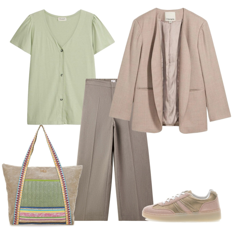 Outfit donna - Total look #2395697. Stile Casual per Tutti i giorni. Abbinamento con t-shirt, blazer, pantaloni, sneakers, shopping bag.