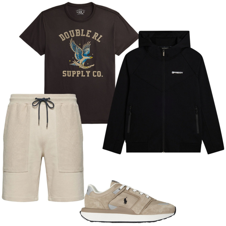 Outfit uomo - Total look #2395700. Stile Casual per Tutti i giorni. Abbinamento con pantaloni corti, felpe con cappuccio, sneakers, t-shirt.