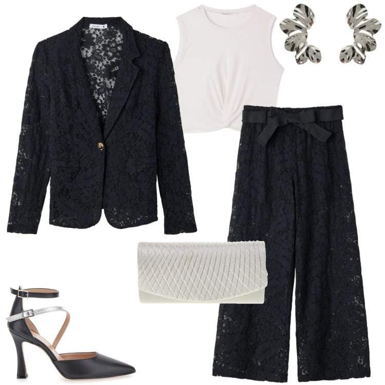 Outfit donna - Punto vita protagonista. Stile Chic per Cerimonia. Abbinamento con pantaloni, canottiere, blazer, orecchini, décolleté, pochette.