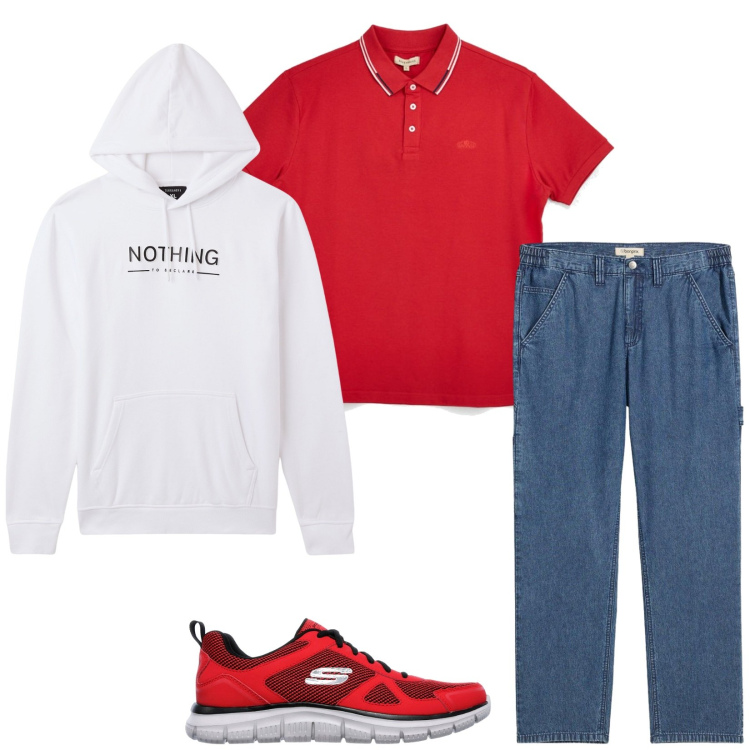 Outfit uomo - Total look #2395704. Stile Casual per Tutti i giorni. Abbinamento con jeans dritti, felpe con cappuccio, sneakers, polo.