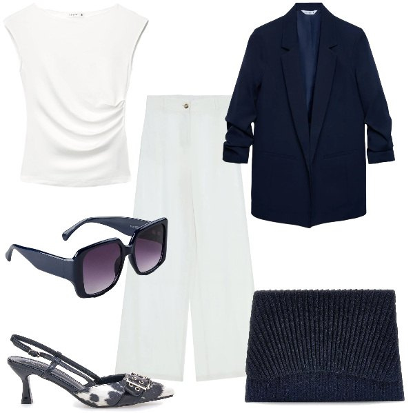 Outfit donna - Total look #2395712. Stile Casual chic per Cerimonia. Abbinamento con occhiali da sole, top, blazer, pantaloni, décolleté, pochette.