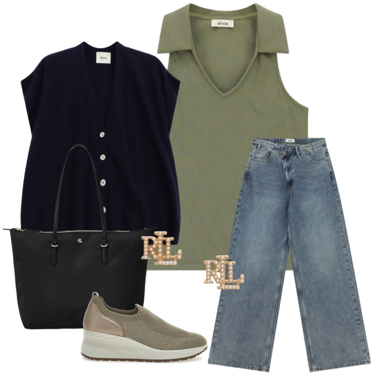 Outfit donna - Eleganza Casual in Verde e Blu. Stile Casual chic per Tutti i giorni. Abbinamento con jeans, top, gilet, borse tote, orecchini, scarpe stringate.