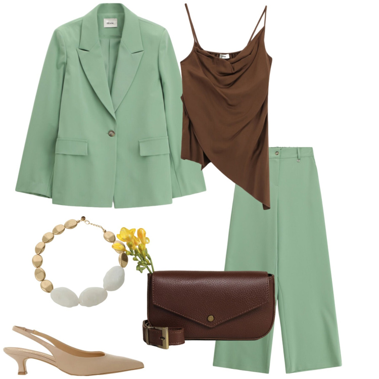 Outfit donna - Il Completo Menta e Cioccolato. Stile Casual chic per Tutti i giorni. Abbinamento con pantaloni a palazzo, collane, blazer, top, borse a tracolla, décolleté.