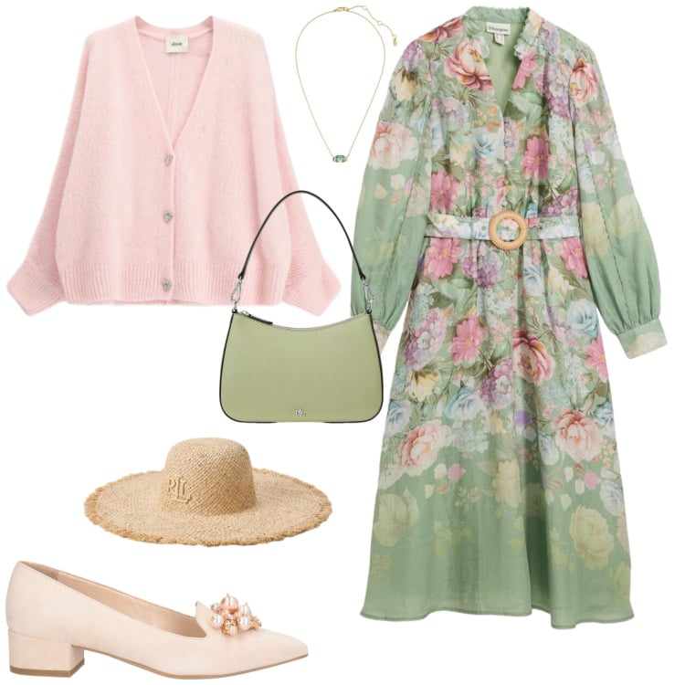 Outfit donna - Romantica in primavera. Stile Romantica per Tutti i giorni. Abbinamento con mocassini, vestiti midi/longuette, cardigans, borse a spalla, cappelli, collane.