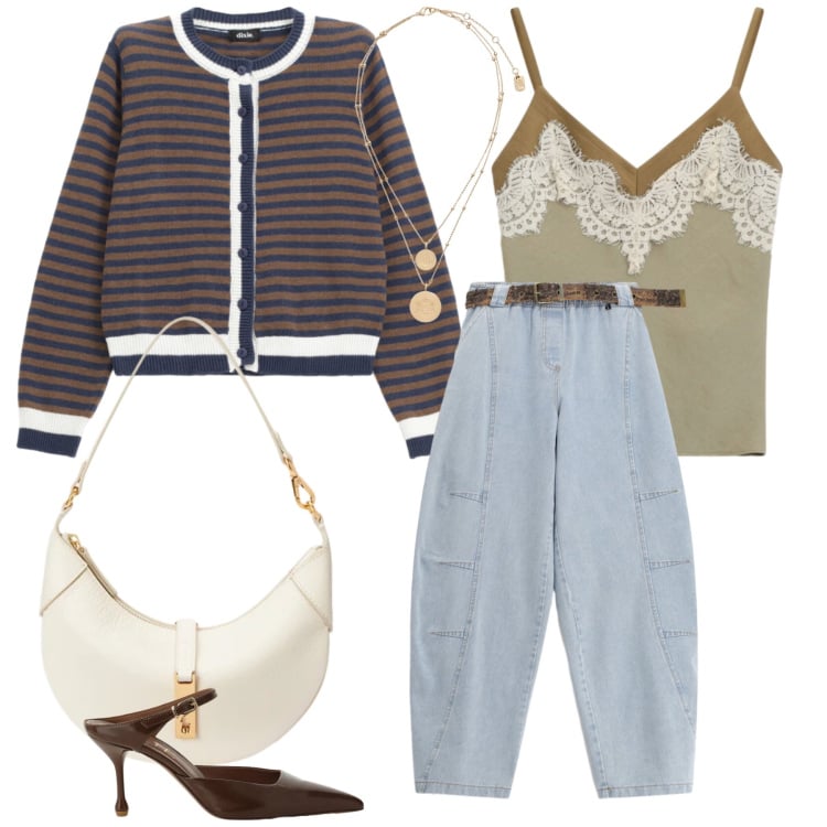 Outfit donna - Contrasti di Stile. Stile Casual chic per Tutti i giorni. Abbinamento con top, cardigans, jeans, décolleté, ciondoli, borse a spalla.